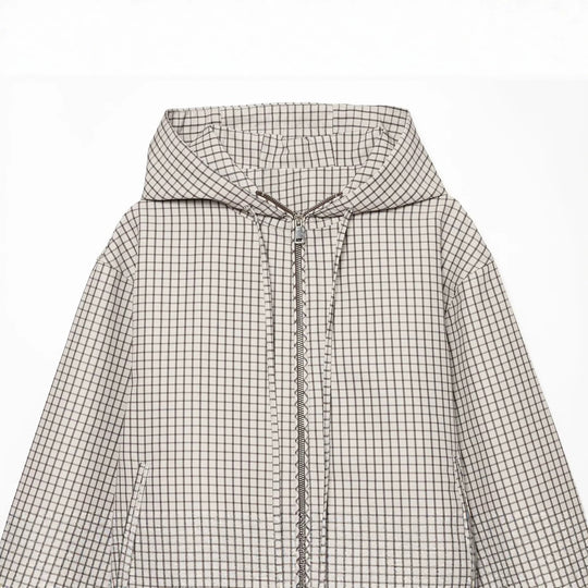 Damen Karierter Cropped‑Windbreaker mit Kapuze, Tunnelzug und Reißverschluss Nord Taschen