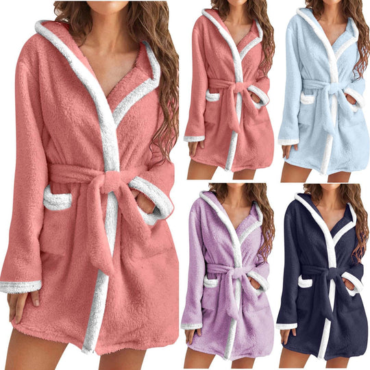 Damen kuscheliger Fleece-Bademantel mit Kapuze und Taschen