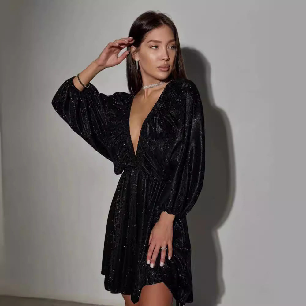 Damen Glitzerndes Abendkleid mit tiefem V Ausschnitt, Ballonärmeln und taillenbetonter Glockenrock Nord Taschen