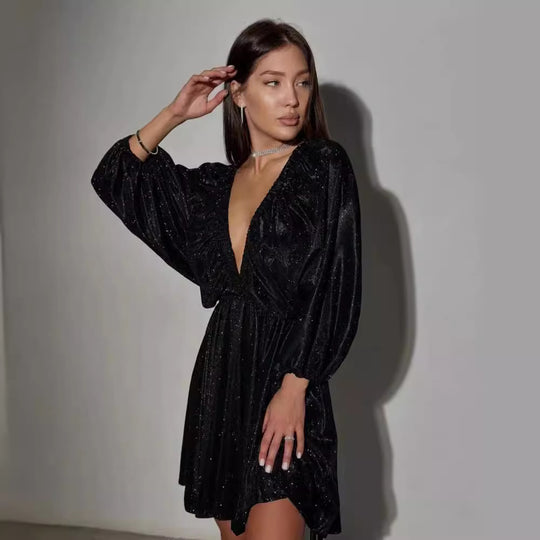 Damen Glitzerndes Abendkleid mit tiefem V Ausschnitt, Ballonärmeln und taillenbetonter Glockenrock Nord Taschen