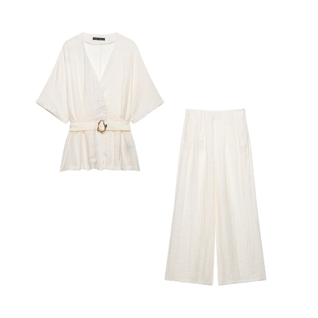 Damen Zweiteiliges Leinenoptik-Set mit Kimono-Oberteil und weiter hochtaillierter Hose Nord Taschen