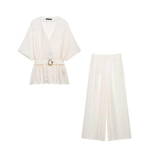 Damen Zweiteiliges Leinenoptik-Set mit Kimono-Oberteil und weiter hochtaillierter Hose Nord Taschen