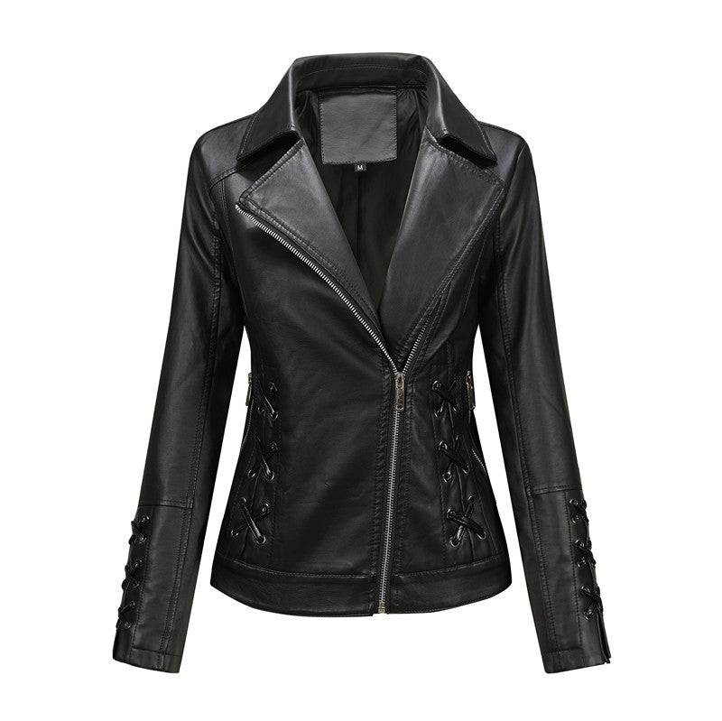 Damen Taillierte Bikerjacke aus Kunstleder mit seitlicher Schnürung und asymmetrischem Reißverschluss Nord Taschen