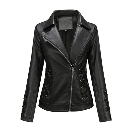 Damen Taillierte Bikerjacke aus Kunstleder mit seitlicher Schnürung und asymmetrischem Reißverschluss Nord Taschen