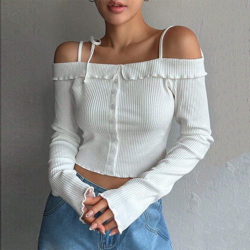 Damen geripptes schulterfreies Langarm-Cropped-Top mit Knopfleiste und Rüschensaum Nord Taschen