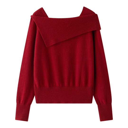 Damen Schulterfreier Oversize-Rippstrickpullover mit umgeschlagenem Kragen Nord Taschen