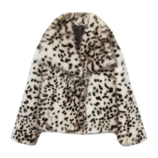 Damen Kurzjacke aus Kunstpelz im Snow-Leopard-Print mit weitem Revers Nord Taschen