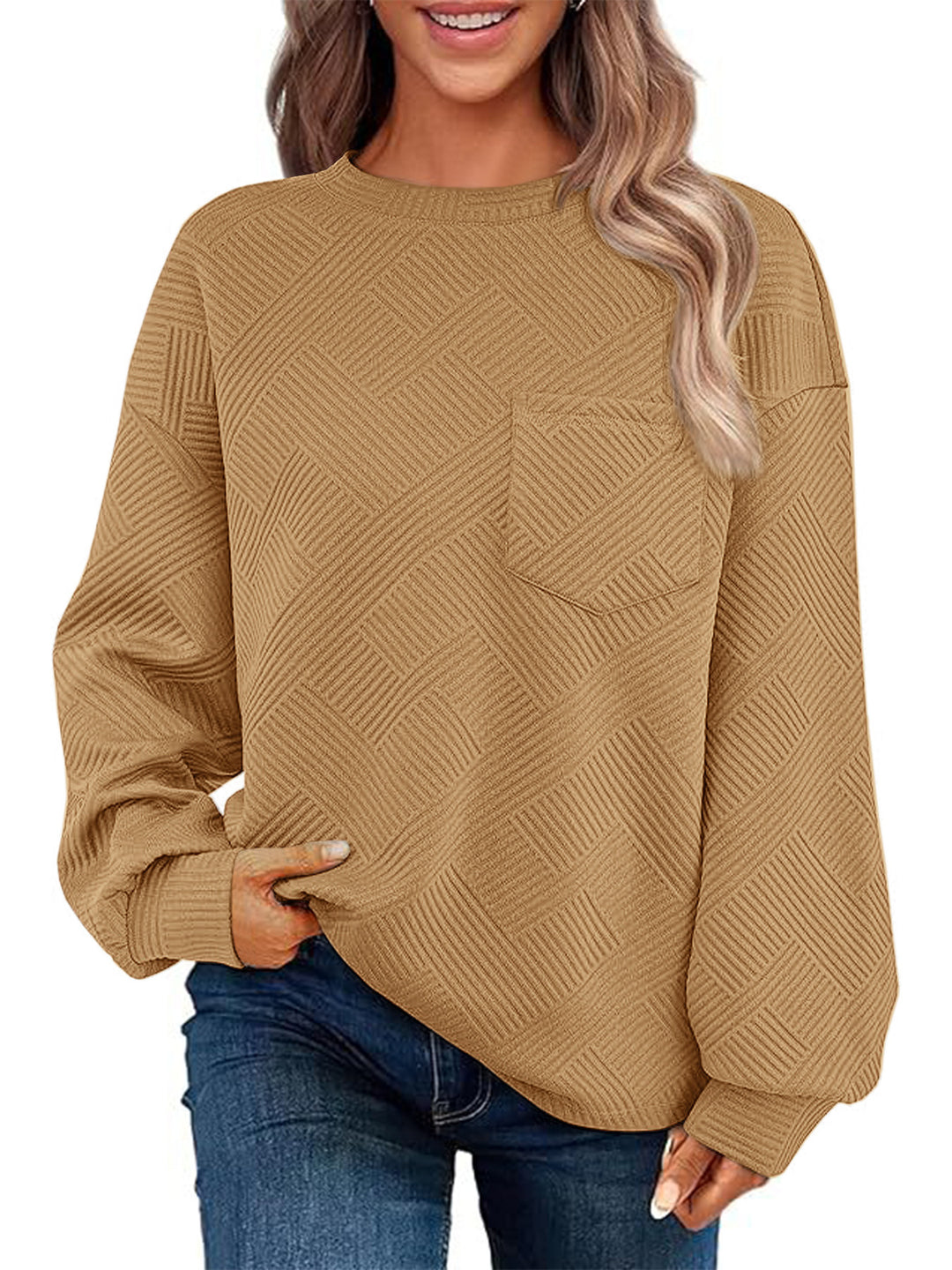 Damen Oversize Strukturstrick-Pullover mit Brusttasche Nord Taschen