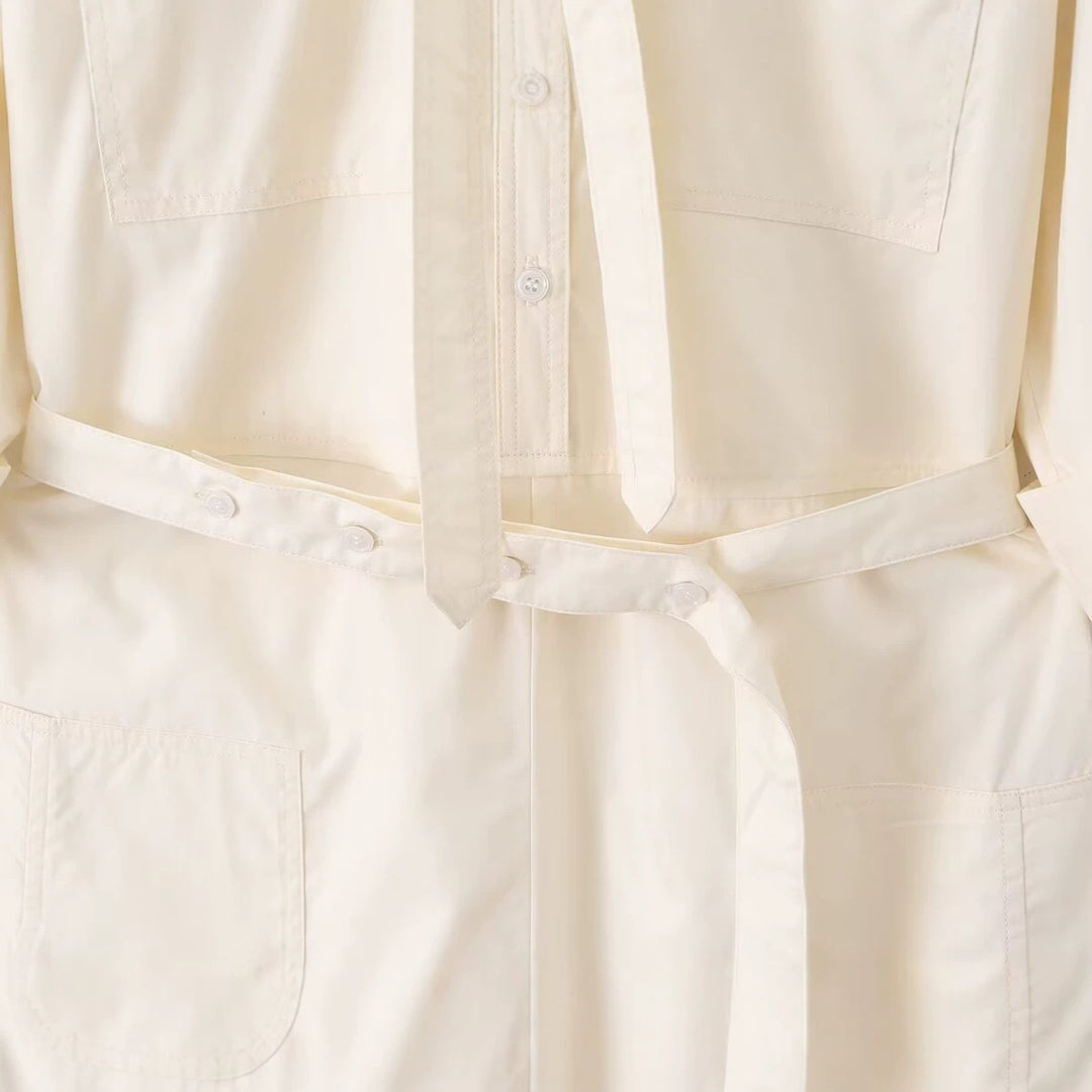 Damen Overall mit Schleifenkragen, Taillengürtel und weitem Bein Nord Taschen