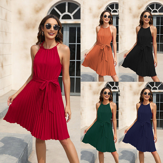 Damen Plissiertes Sommerkleid mit tailliertem Gürtel und Halterneck - Arvani