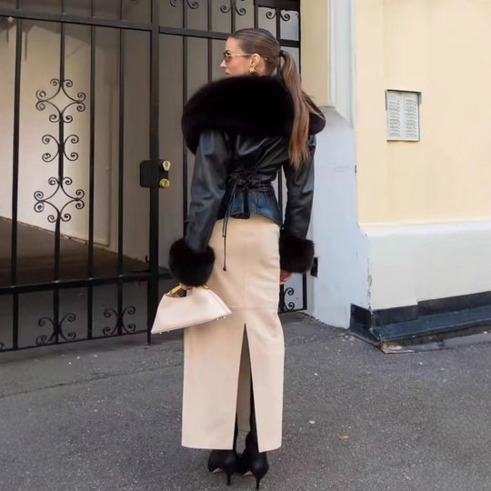 Damen Kurzjacke aus Kunstleder mit voluminösem Faux-Fur-Kragen und Fellmanschetten Nord Taschen