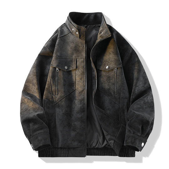 Herren Vintage-Optik Wildlederjacke mit Stehkragen, Utility-Taschen und Reißverschluss Nord Taschen