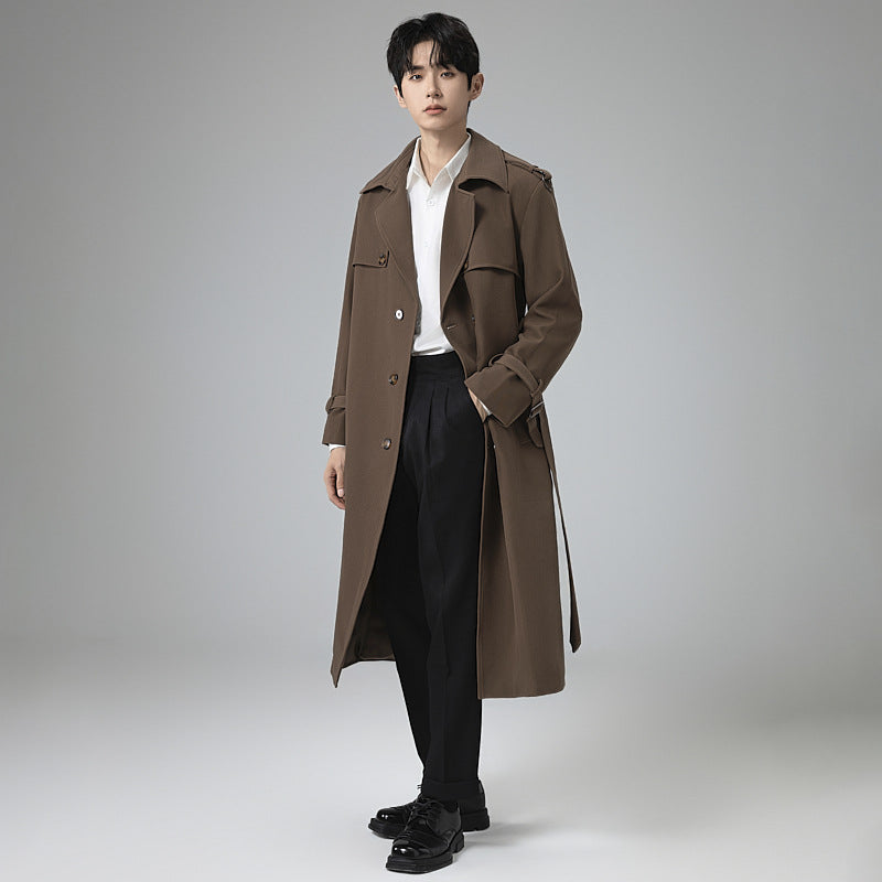 Herren Moderner Maxilanger Doppelreihiger Trenchcoat mit klassischem Revers und verstellbaren Manschetten Nord Taschen