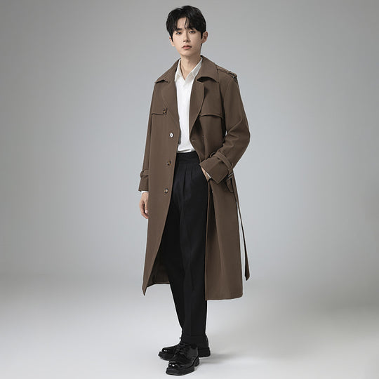 Herren Moderner Maxilanger Doppelreihiger Trenchcoat mit klassischem Revers und verstellbaren Manschetten Nord Taschen