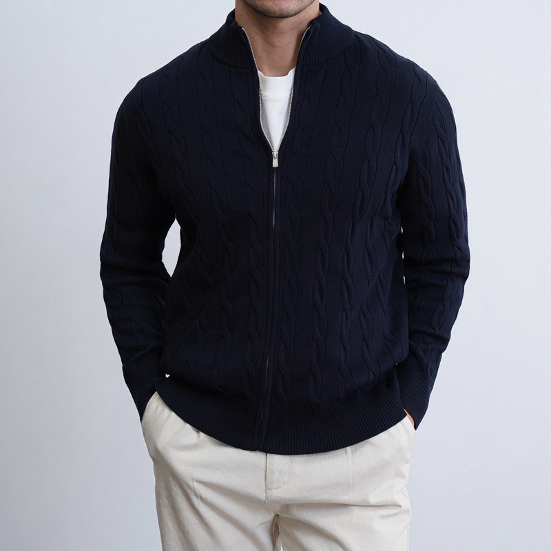 Herren Feiner Zopfmuster-Halbzip-Cardigan mit Rippkragen und silbernem Reißverschluss Nord Taschen