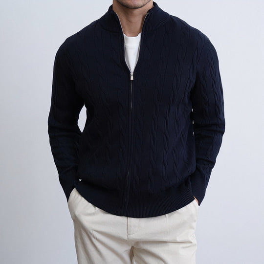 Herren Feiner Zopfmuster-Halbzip-Cardigan mit Rippkragen und silbernem Reißverschluss Nord Taschen