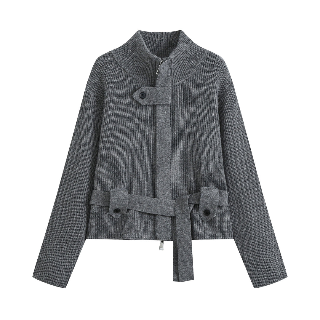 Damen Strickjacke mit Stehkragen, Reißverschluss und Taillenbindegürtel Nord Taschen