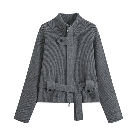 Damen Strickjacke mit Stehkragen, Reißverschluss und Taillenbindegürtel Nord Taschen