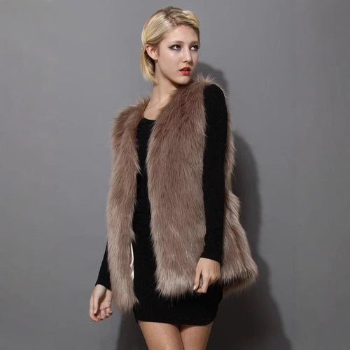 Damen Ärmellose Shaggy Kunstpelz‑Weste mit langem Flor und offener Front Nord Taschen