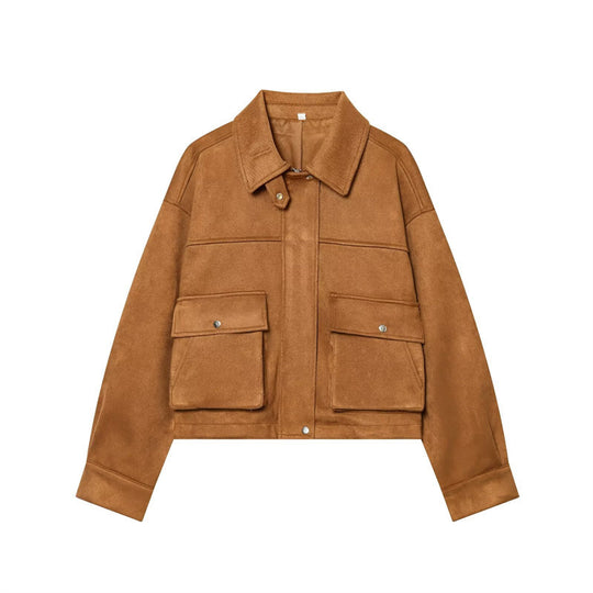 Damen Kurz geschnittene Boxy‑Veloursblousonjacke mit Pattentaschen und verdeckter Druckknopfleiste Nord Taschen