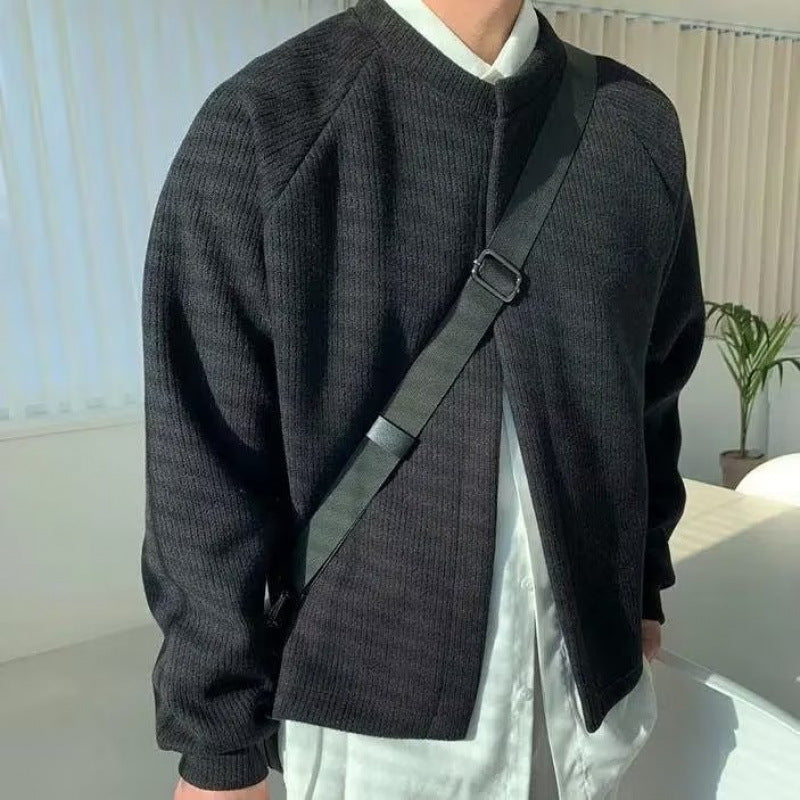 Herren Kragenloser Boxy-Rippenstrick-Cardigan mit verdeckter Druckknopfleiste Nord Taschen