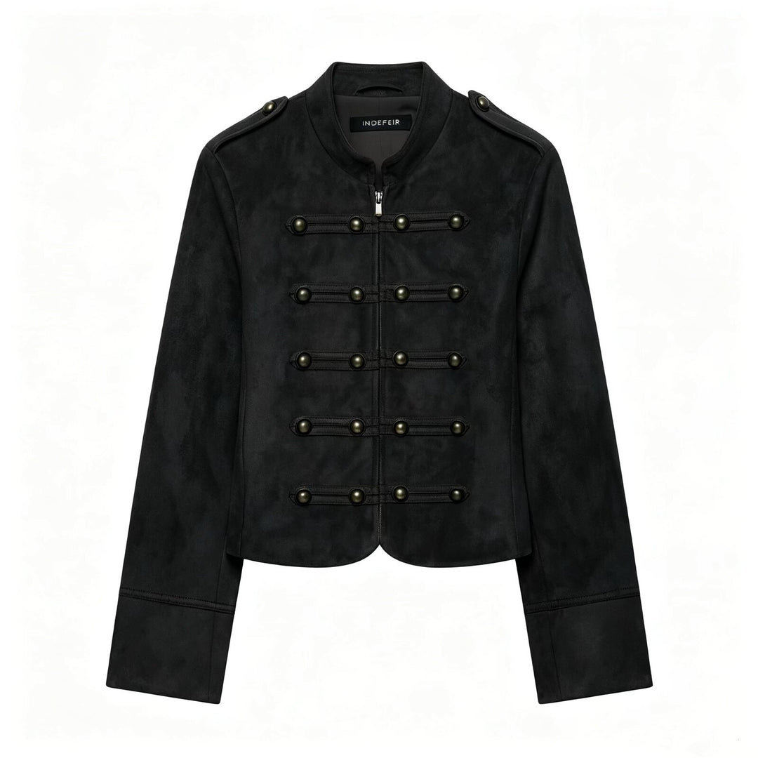 Damen Kurzjacke im Militärstil aus Veloursimitat mit Stehkragen, Epauletten und dekorativer Zierknopfleiste Nord Taschen