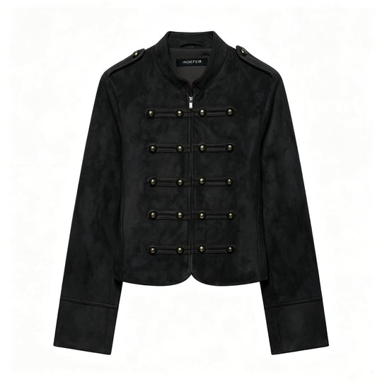 Damen Kurzjacke im Militärstil aus Veloursimitat mit Stehkragen, Epauletten und dekorativer Zierknopfleiste Nord Taschen