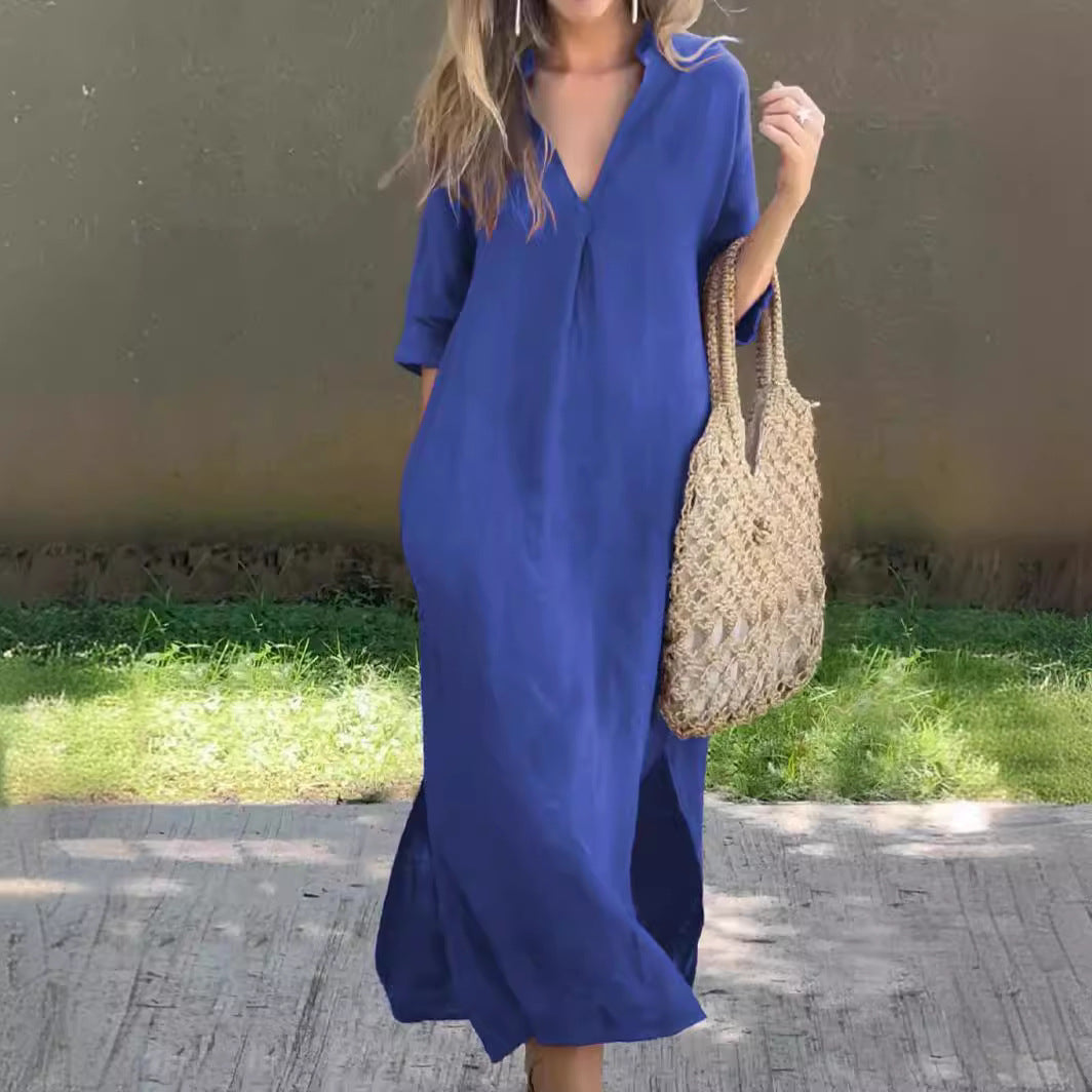 Damen Maxi-Kleid mit eleganter V-Ausschnitt und praktischen Taschen