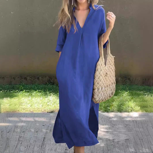 Damen Maxi-Kleid mit eleganter V-Ausschnitt und praktischen Taschen