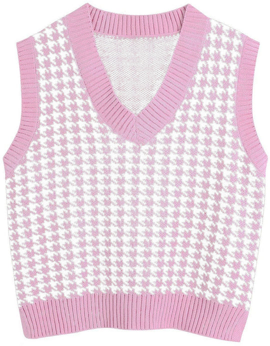 Damen ärmellose Strickweste mit modernem Hahnentrittmuster