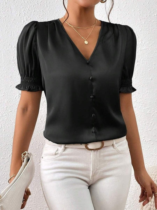 Damen Satinbluse mit Puffärmeln und eleganter Knopfleiste