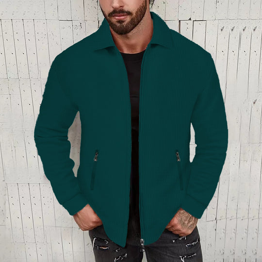 Herren minimalistische Stehkragen-Feinstrick-Übergangsjacke mit Zwei-Wege-Reißverschluss und verdeckten Reißverschlusstaschen Nord Taschen