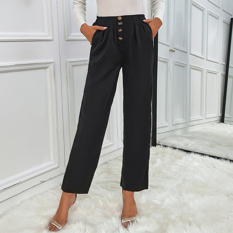 Damen Hochtaillierte Bundfalten-Hose mit dekorativer Knopfleiste und geradem Bein Nord Taschen