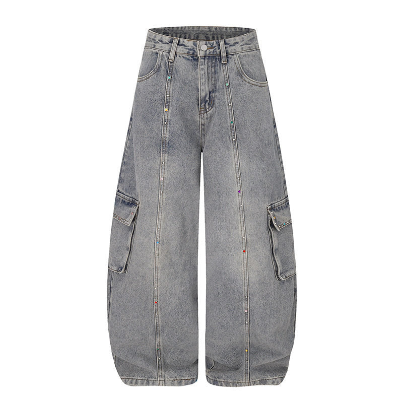Damen Extraweite Cargo‑Palazzo‑Jeans mit hoher Taille, aufgesetzten Taschen und Strassbesatz Nord Taschen
