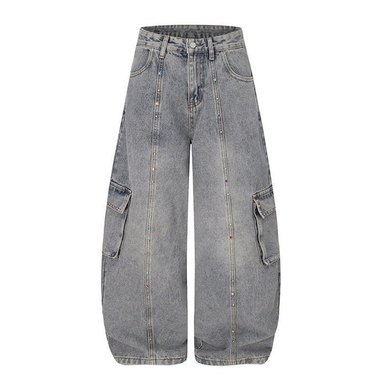 Damen Extraweite Cargo‑Palazzo‑Jeans mit hoher Taille, aufgesetzten Taschen und Strassbesatz Nord Taschen