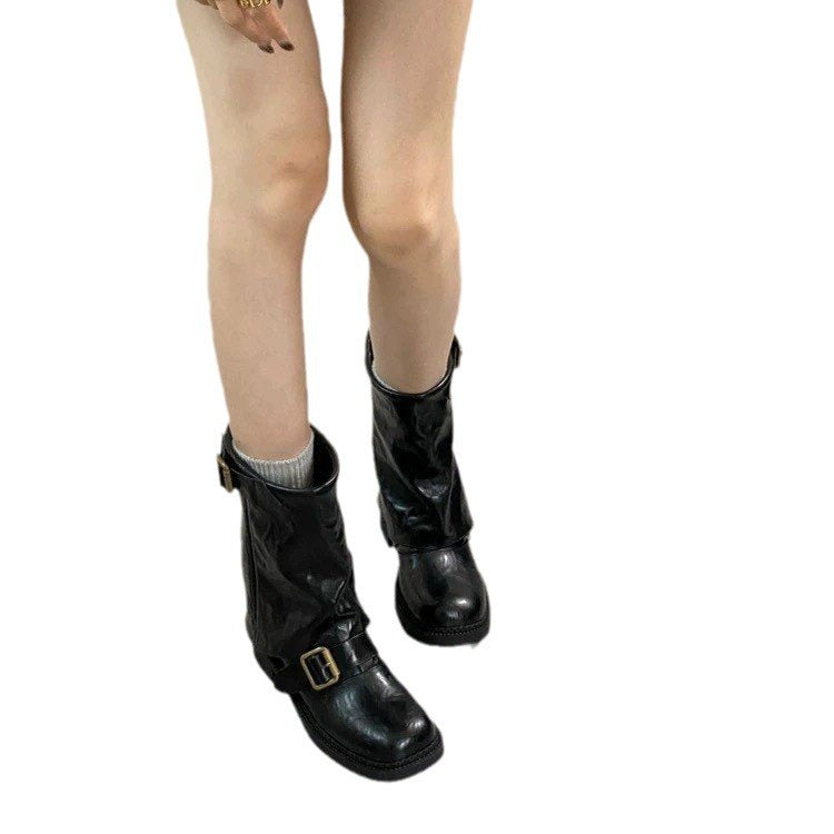 Damen Glänzende Mid‑Calf Bikerboots mit Zierriemen und Schnallen Nord Taschen