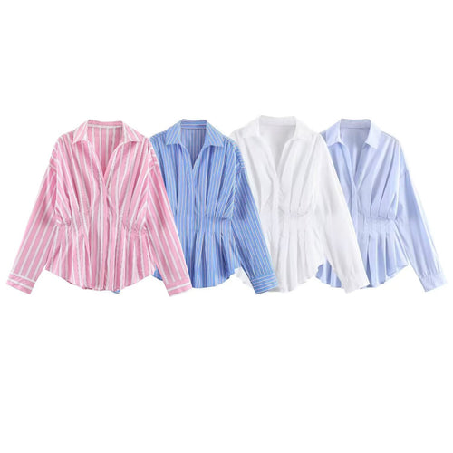 Damen Gestreifte Oversize-Bluse mit taillierenden Raffungen und Hemdkragen Nord Taschen
