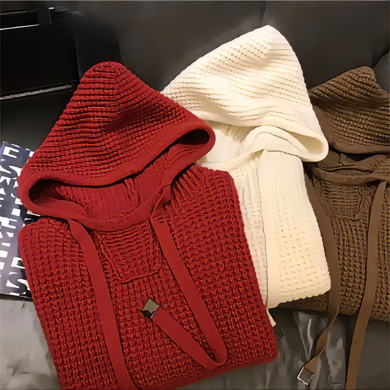 Damen Grob gestrickter Kapuzenpullover mit Waffelstruktur und Kordelzug Nord Taschen