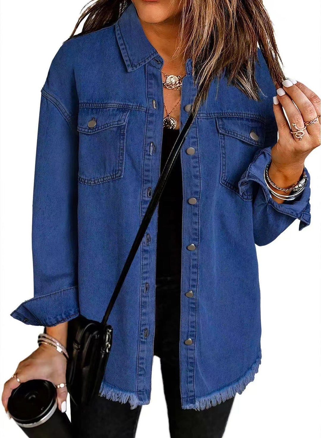 Damen Oversize Jeanshemdjacke mit Fransensaum Nord Taschen
