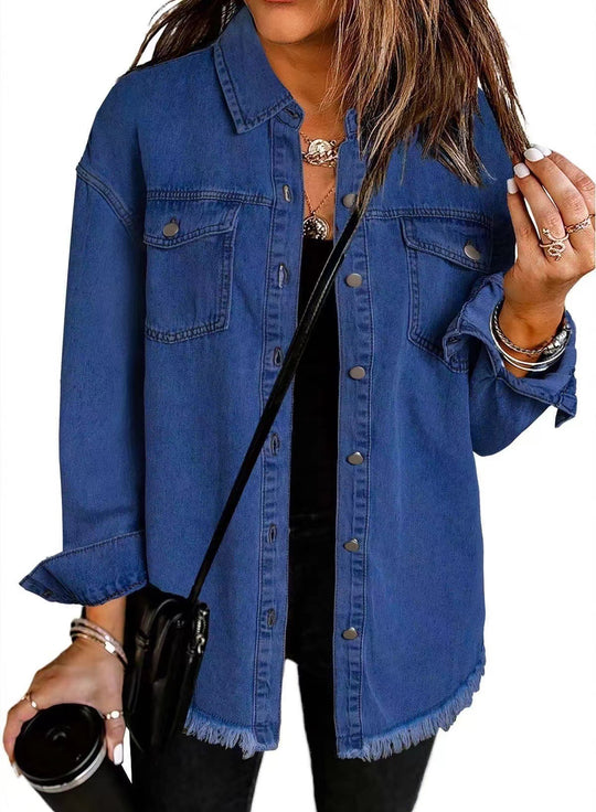 Damen Oversize Jeanshemdjacke mit Fransensaum Nord Taschen