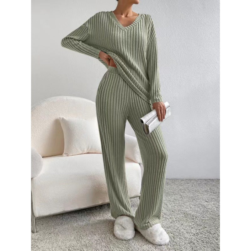 Damen Gemütliches Rippstrick-Loungewear-Set mit V-Ausschnitt und weitem Bein Nord Taschen