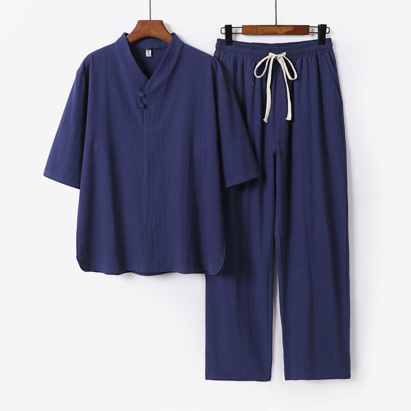 Herren Zweiteiliges Leichtes Loungewear-Set mit Stehkragen-Halbarmshirt und Kordelbund-Hose Nord Taschen
