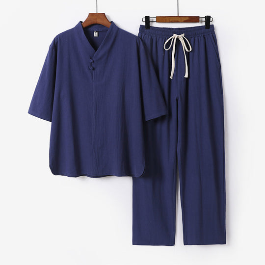 Herren Zweiteiliges Leichtes Loungewear-Set mit Stehkragen-Halbarmshirt und Kordelbund-Hose Nord Taschen