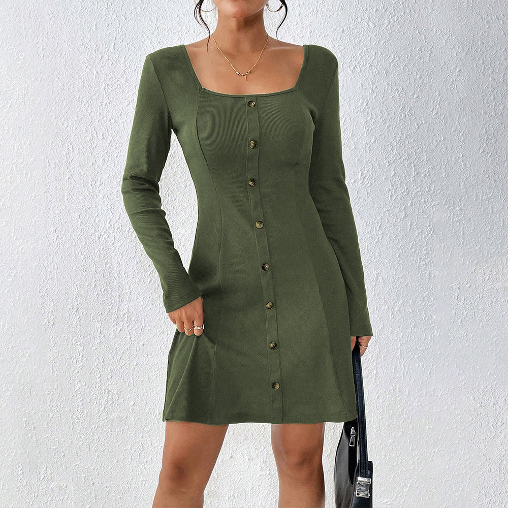 Damen ausgestelltes Strick‑Korsagenkleid mit durchgehender Knopfleiste, Square‑Neck und figurformenden Teilungsnähten Nord Taschen