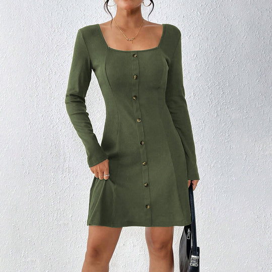 Damen ausgestelltes Strick‑Korsagenkleid mit durchgehender Knopfleiste, Square‑Neck und figurformenden Teilungsnähten Nord Taschen