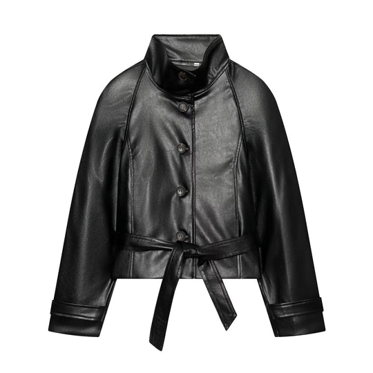 Damen Taillierte Cropped Veganlederjacke mit Stehkragen und Bindegürtel Nord Taschen