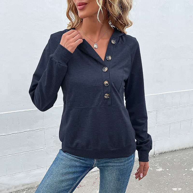 Damen Kapuzenpullover mit Zierknopfleiste, Raglanärmeln und Kängurutasche Nord Taschen