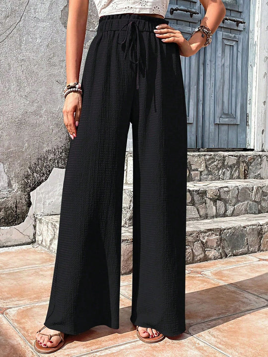 Damen Leichtgewichtige Palazzo-Hose mit Crinkle-Struktur, hohem Smockbund und Kordelzug Nord Taschen