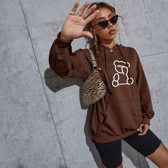 Damen Oversize-Kapuzenpullover mit Teddy-Grafik, Kängurutasche und Tunnelzug Nord Taschen