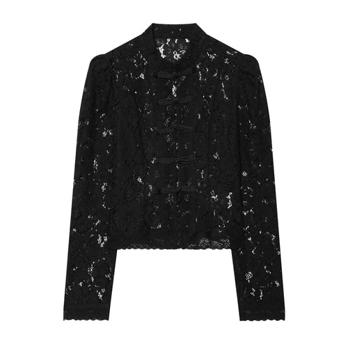Damen Transparente Spitzenjacke im chinesischen Stil mit Stehkragen und Knotenverschlüssen Nord Taschen